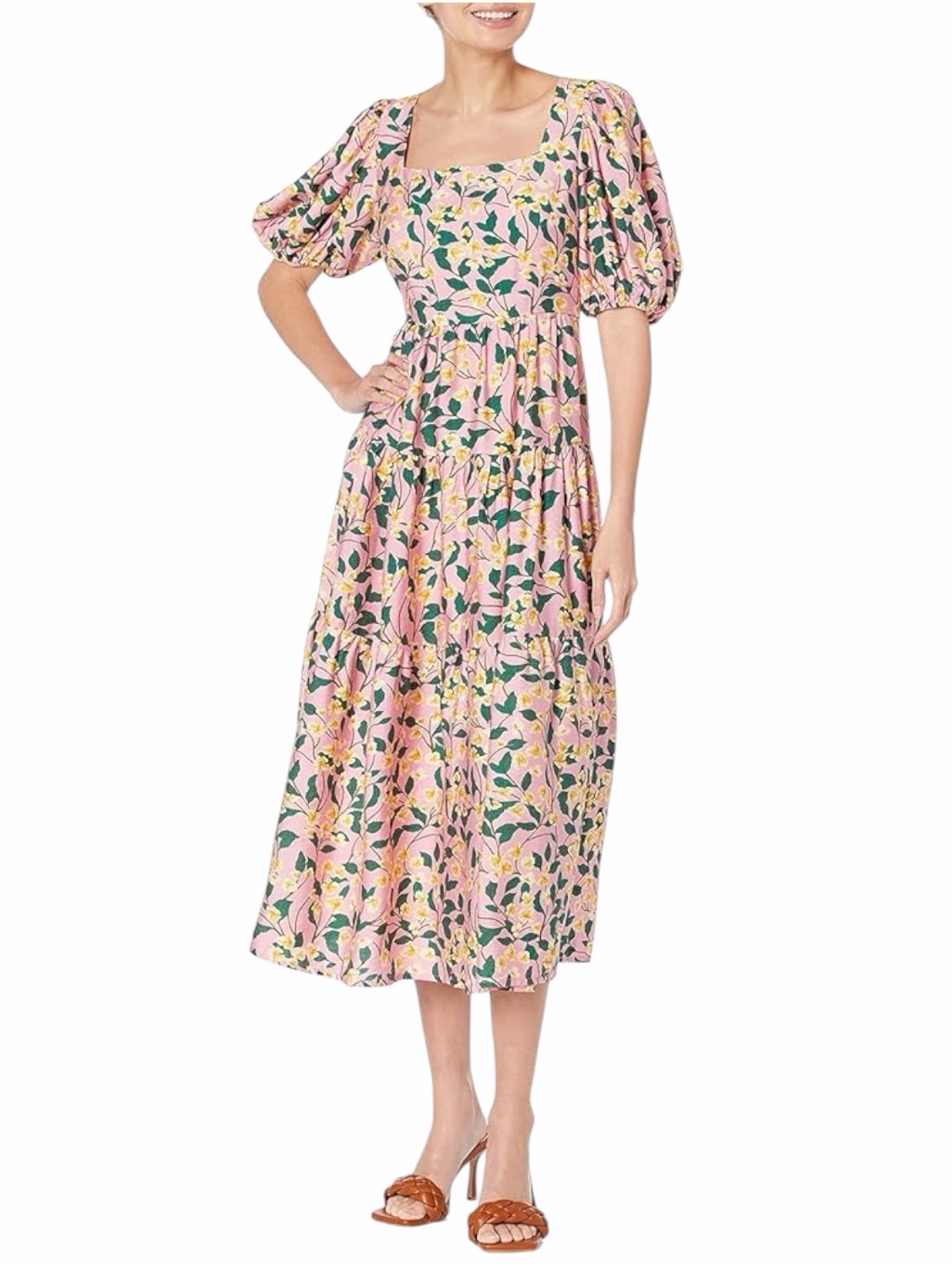 Moon River Womens Puff Sleeve Tiered Shirred Midi Dress Size Medium